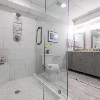 Gray and white renovated bathroom